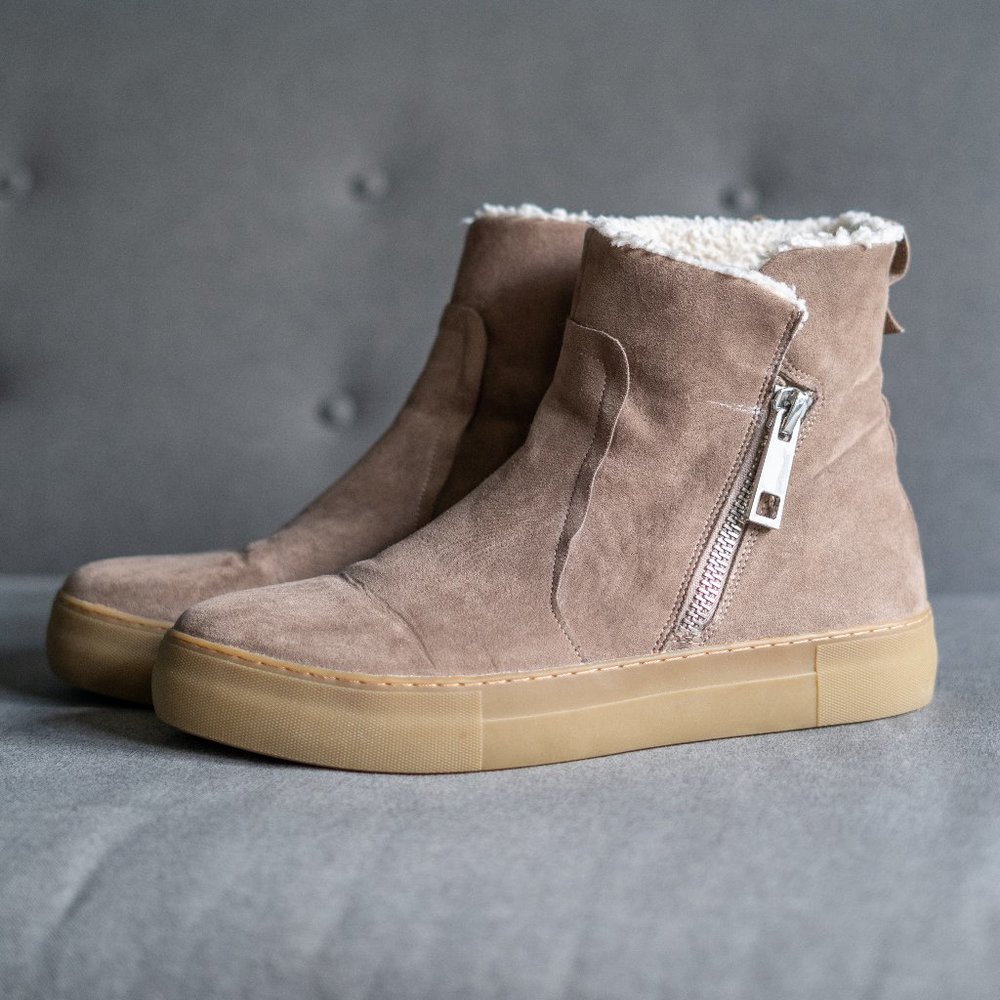 Taupe Nine West Side Zip Furry Ankle Boots